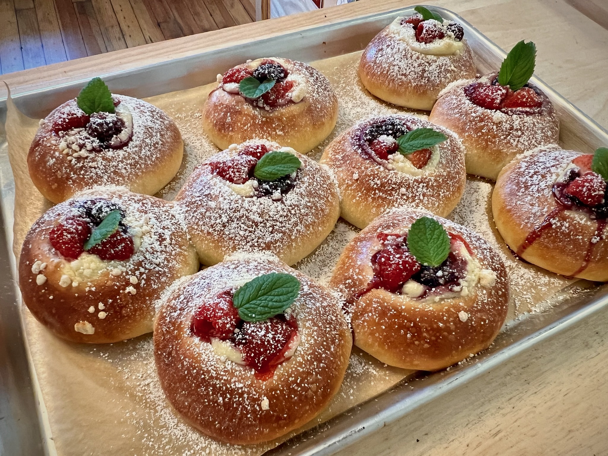 Fresh strawberry buns with mint leaves
